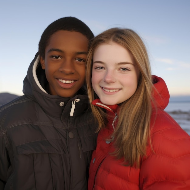 Un couple d'adolescents amoureux et interracial profite d'une journée d'hiver romantique.