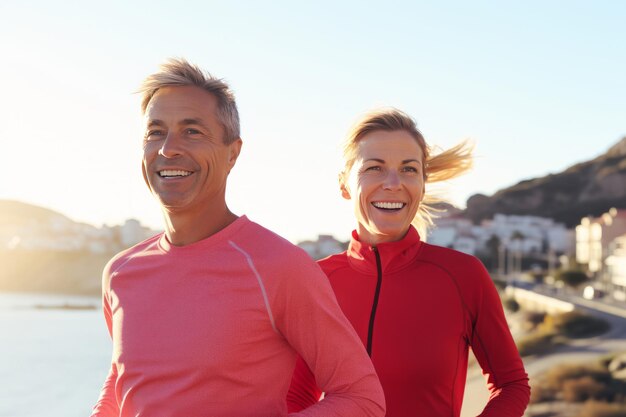 couple adulte 4555 ans d'entraînement dans la ville au coucher du soleil ville jogging prévention cardio