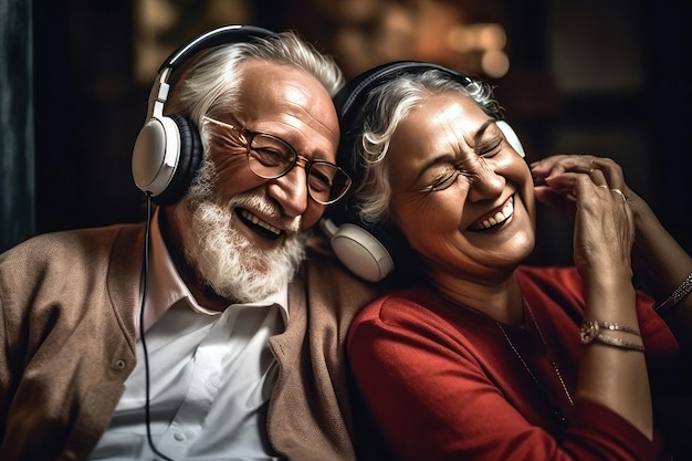 Couple adulte aimant portant des écouteurs écoutant de la musique créée avec la technologie Generative AI