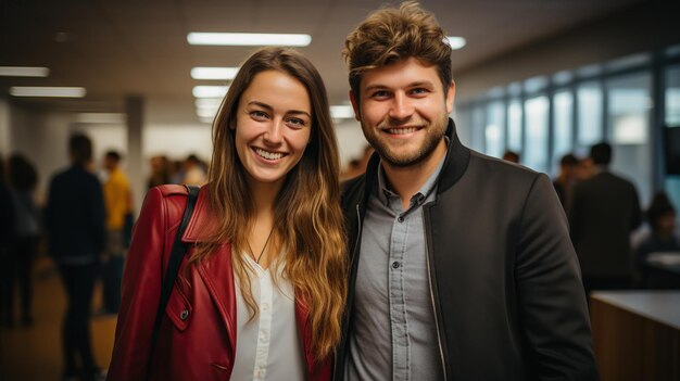 Couple d'affaires masculin et féminin posant en souriant dans leur bureau d'affaires en regardant la caméra