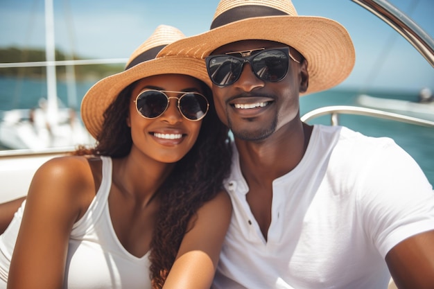 Un couple africain attrayant sur un yacht profite d'une journée ensoleillée de vacances.