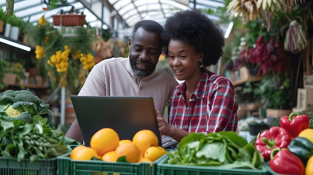 Photo un couple africain heureux dans un magasin de légumes et de fruits.