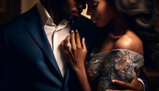 Couple africain passionné amoureux en robes de soirée élégantes femme avec alliance au doigt