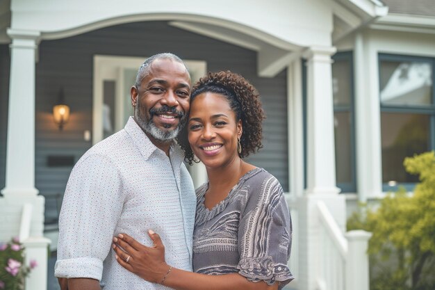 Photo un couple afro-américain d'âge moyen heureux devant une nouvelle maison concept de location ou d'hypothèque