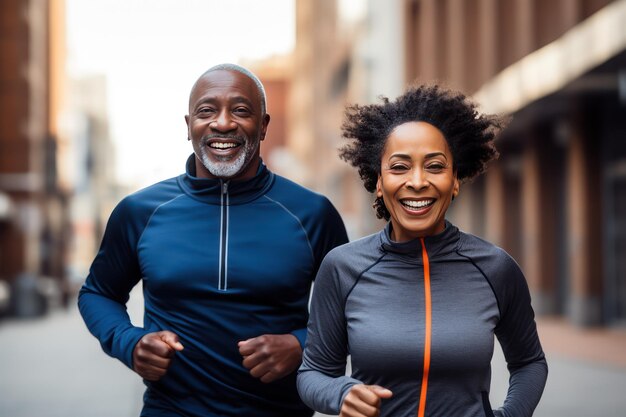 Un couple afro-américain d'âge moyen pendant un jogging en soirée dans les rues de leur quartier Le sport comme le meilleur remède contre le vieillissement