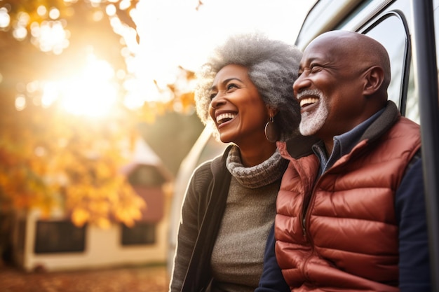 couple afro-américain âgé en vacances avec remorque