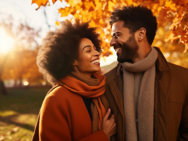 Un couple afro-américain aimant profite d'une journée d'automne romantique