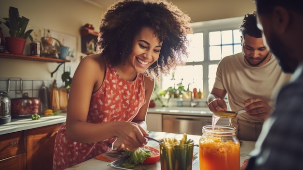 Un couple afro-américain cuisinant joyeusement ensemble dans une cuisine préparant des plats délicieux