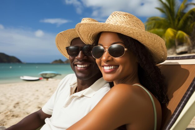 Un couple afro-américain heureux avec des chapeaux de paille et des lunettes de soleil se détendent sur une plage tropicale