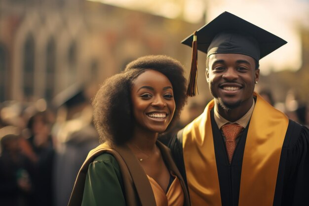 Un couple afro-américain heureux de diplômés une femme et un homme diplômés se tiennent à une cérémonie