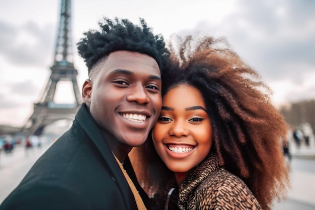 Photo un couple afro-américain heureux à paris, en france, se regardant et souriant.