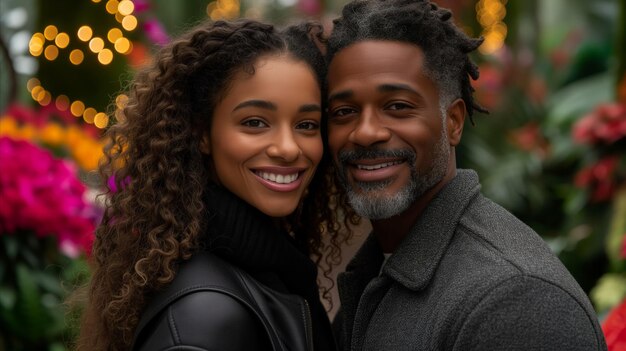 Un couple afro-américain heureux souriant ensemble dans un parc de fleurs.