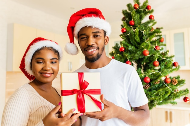 Couple afro-américain se donnant une boîte-cadeau dans la maison près de l'arbre de noël