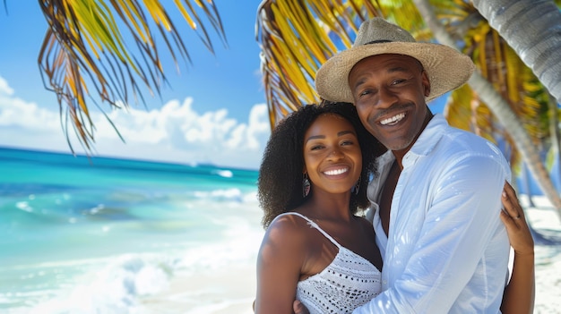 Un couple afro-américain souriant s'embrassant sur la plage.