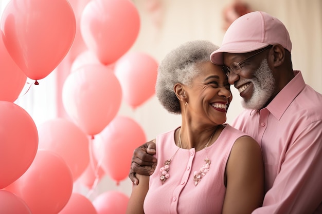 Un couple afro senior tenant un ballon rose généré par l'IA