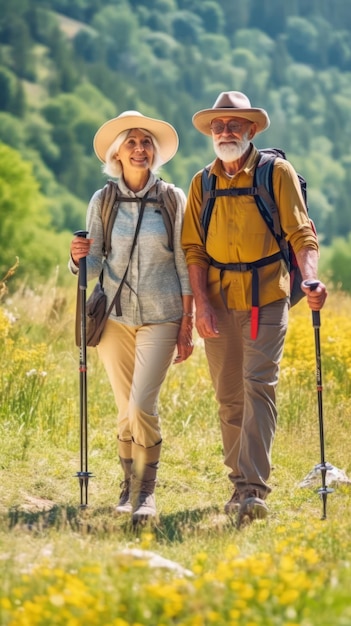 Un couple âgé actif avec des sacs à dos explore une colline luxuriante dans les hautes terres au cours de leur randonnée