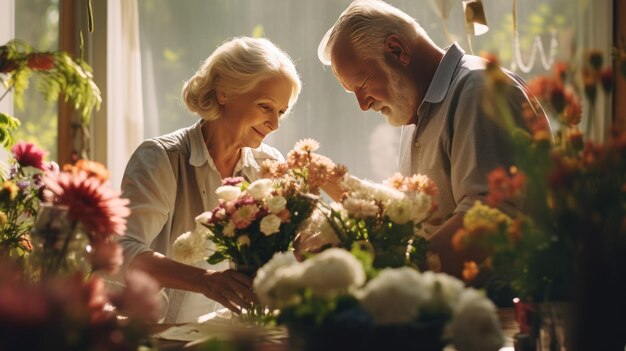 Un couple âgé d'arrangeurs de fleurs