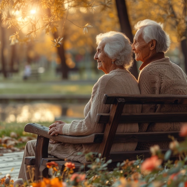 Un couple âgé assis sur un banc dans le parc.