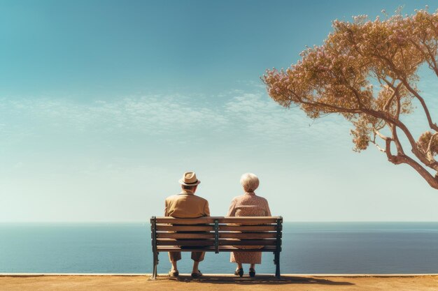 Un couple âgé assis sur un banc de parc regardant l'horizon vie amoureuse IA générative