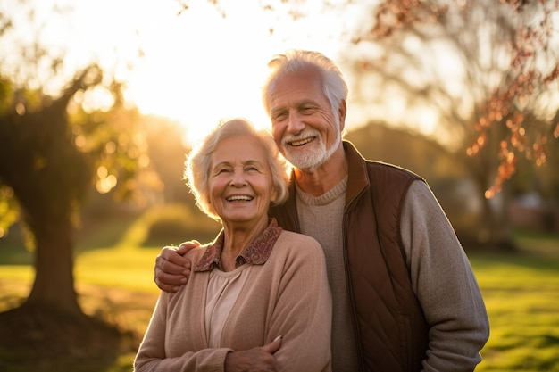 Un couple âgé assis ensemble au coucher de soleil d'un parc souriant heureux