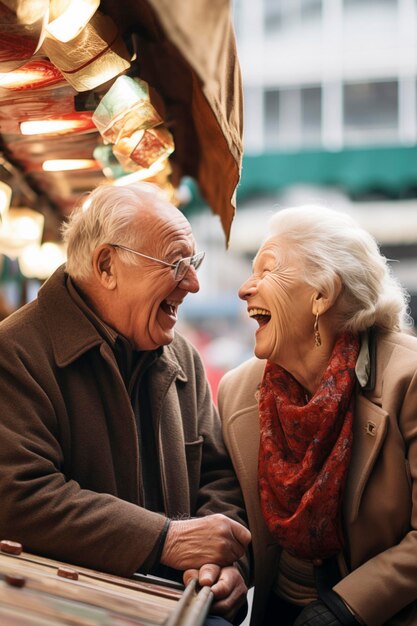 Un couple âgé aux cheveux blancs rit heureux, un couple de jeunes mariés de quatre-vingts ans de race blanche passe un bon moment au marché, un couple âgé en manteau assis dans un magasin en plein air.