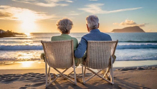 Photo un couple âgé sur des chaises de plage, le dos tourné vers la caméra, regarde le coucher de soleil au-dessus de l'océan qui se reflète.