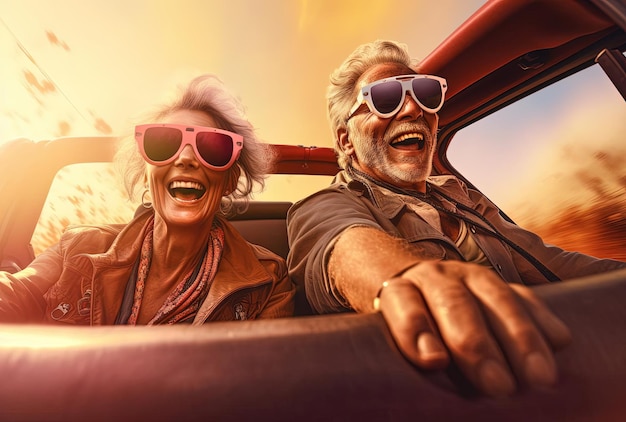 un couple âgé à cheval dans une voiture décapotable à toit ouvert dans le style des reflets