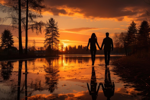 Un couple âgé complice au bord du lac, reflété au crépuscule.