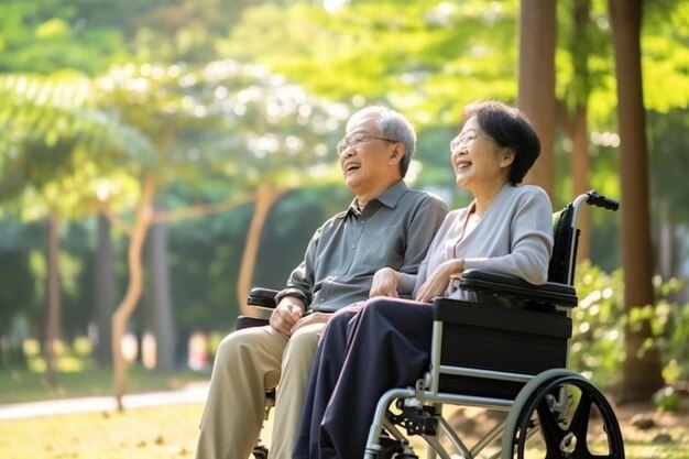 un couple âgé dans un fauteuil roulant avec un homme âgé assis à l'arrière