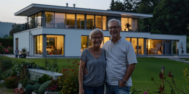 Un couple âgé devant sa maison