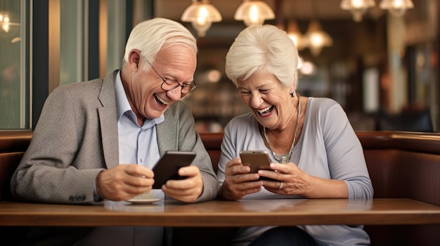 Un couple âgé discutant au téléphone avec sa famille assis dans un café