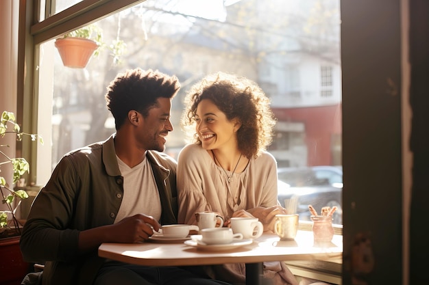 Un couple d'âge moyen heureux et multiracial prend le petit déjeuner dans un café.