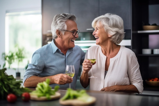 Un couple d'âge moyen marié de race blanche buvant du vin dans la cuisine.