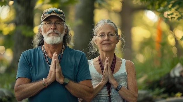 Photo un couple d'âge moyen pratiquant le yoga à l'extérieur de generative ai