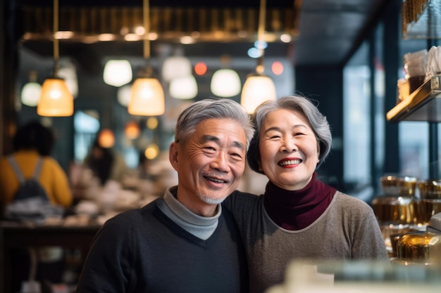 Un couple d'âge moyen qui s'amusent dans un café.