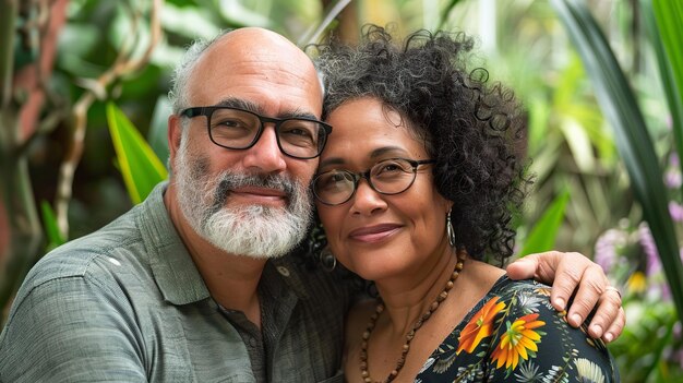 Un couple d'âge moyen s'embrassant dans un jardin luxuriant