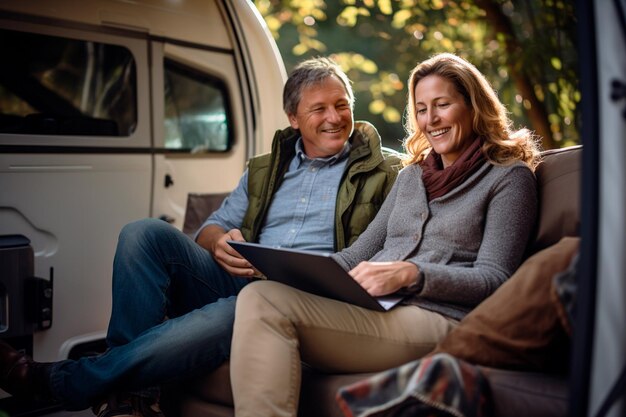 Un couple d'âge moyen en vacances dans un camping-car à l'aide d'une tablette numérique en plein air