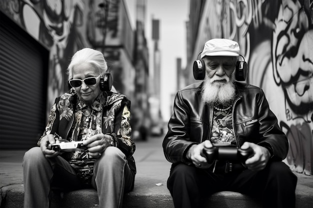 Couple d'âge mûr jouant à des jeux vidéo dans la rue de la ville photo noir et blanc