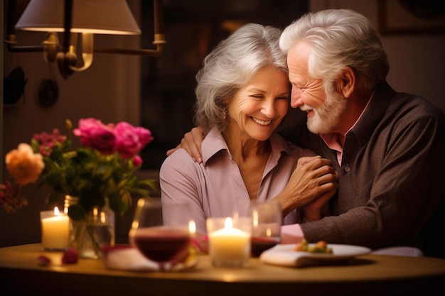 Un couple âgé partage un dîner romantique de la Saint-Valentin à la maison