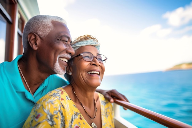 Un couple âgé à la peau foncée sur le pont d'un navire ou d'un paquebot sur fond de mer Des gens heureux et souriants Voyagent sur un paquebot Amour et romance des personnes âgées