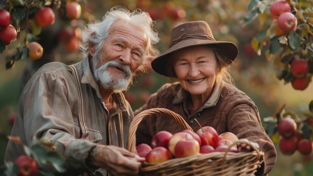 Photo un couple âgé qui récolte des pommes un rire doux un panier plein de pommes rouges un verger luxuriant la fin de l'été l'ombre douce du soleil des pommiers
