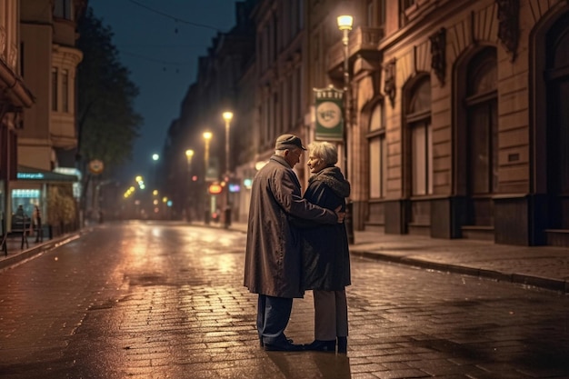 Un couple âgé s'embrasse sous la pluie dans une rue la nuit