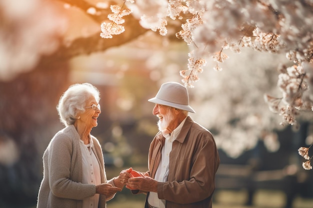 Un couple âgé se tient sous un arbre avec le soleil qui brille sur ses mains.