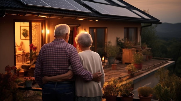 Couple âgé souriant, debout devant leur chalet le soir