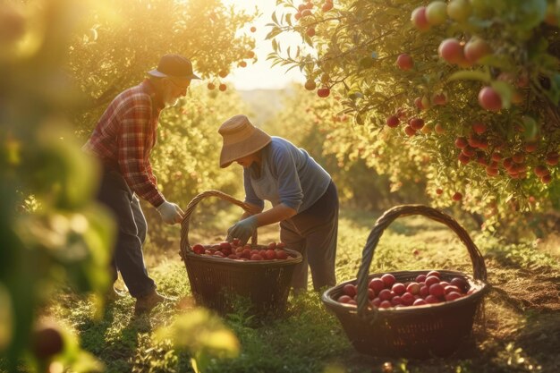 Couple d'agriculteurs locaux récoltant le jardin de pommes d'automne