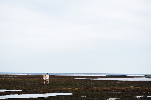 Photo un couple aimant se tient sur l'océan et regarde dehors