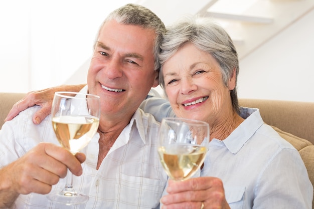 Couple aîné, séance, sur, divan, avoir, vin blanc