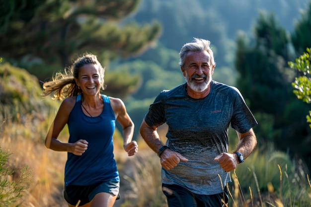 Un couple d'aînés actifs adoptant un mode de vie sain souriant ensemble tout en faisant du jogging en plein air dans la nature