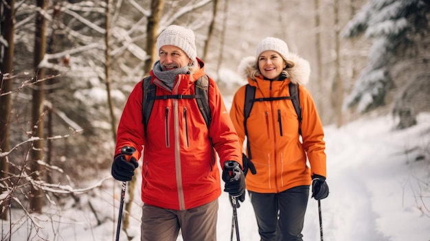 Un couple d'aînés actifs équipés de bâtons de marche nordiques explore la beauté enchanteuse de la nature couverte de neige