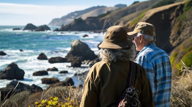 Photo un couple d'aînés admirant la côte pittoresque lors d'une randonnée